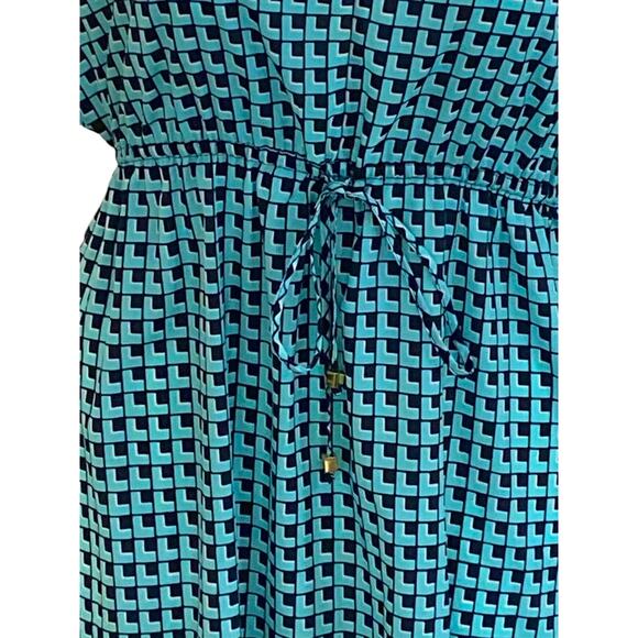 Michael Kors Navy & Aqua Geometric Print Dress, Size Large Elastic Tie Waist EUC - Picture 3 of 9